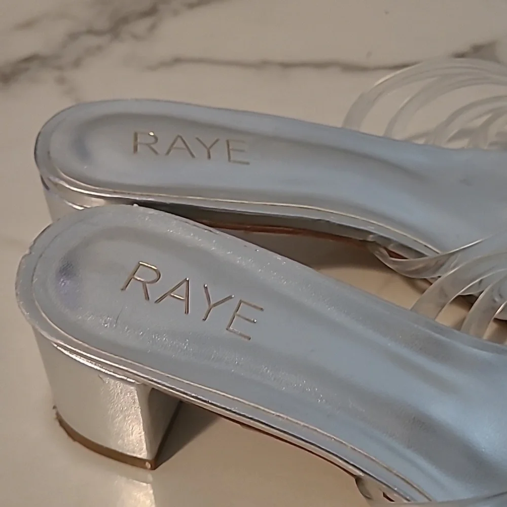 Raye Lyric Revolve Women's 9.5 Metallic Silver and Clear Strappy Heeled Sandals
